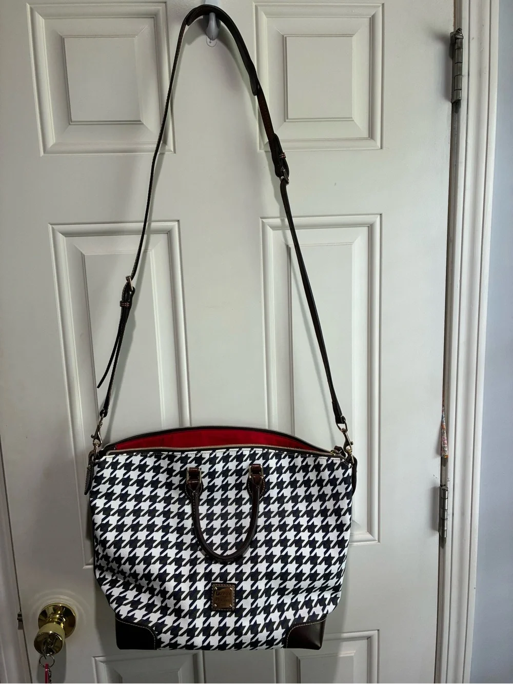 Dooney & Bourke Black and White Houndstooth Duffel with Brown Trim